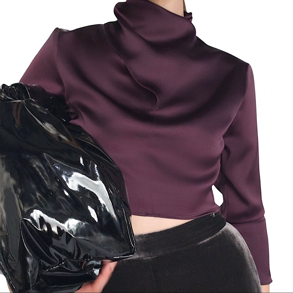 Zara Plum Satin High-Neck Cropped Blouse